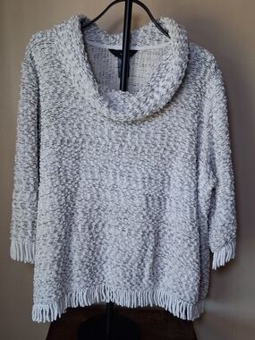 Ali Miles Ivory Cowl Neck Fringe Tunic Chunky Marled Knit Sweater; Size 2X